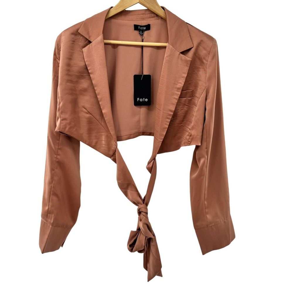 FATE 2pc Satin Cropped Wrap Blazer & Wide Leg Pant‎ Set Brown Medium Large NWT - Picture 8 of 16